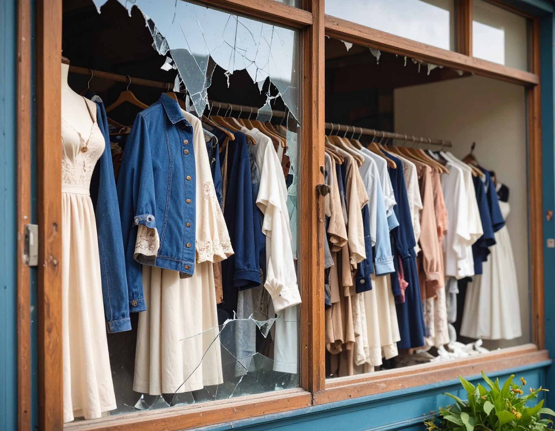 Broken display window of a vintage clothing boutique